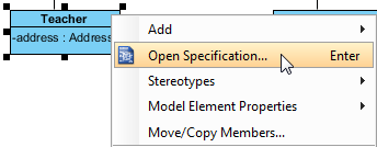 Right click on class to select Open Specification...