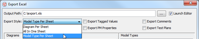 Select Model Type Per Sheet from the drop-down menu of Export Style