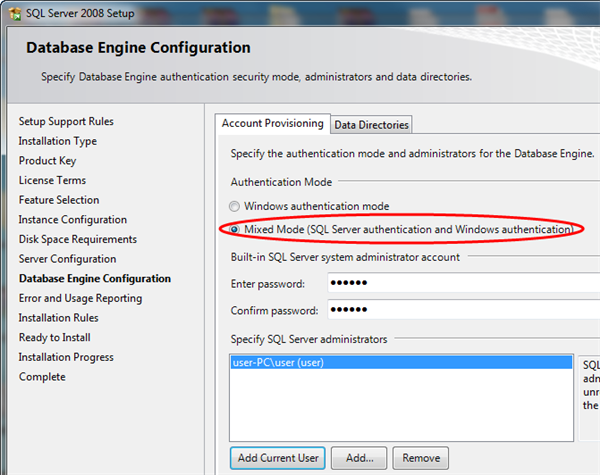 Select Mixed Authentication Mode Also Administration Password Visual