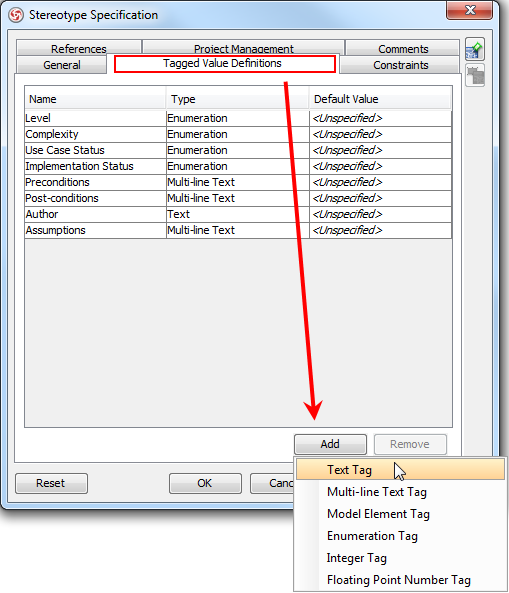 Select Text Tag after clicking Tagged Value Definitions tab