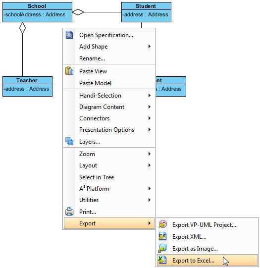 Right click on diagram's background to select Export to Excel...