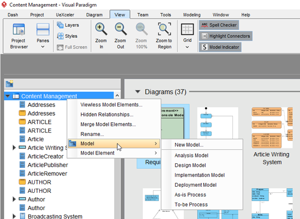 Create Model to organize the diagrams and model elements