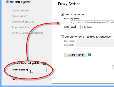 Configure proxy server for VP-UML Update.