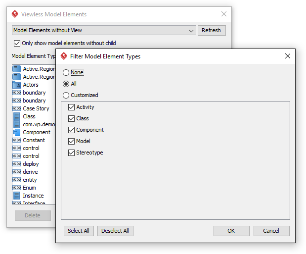 The Filter Model Element Types window