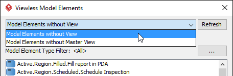 List only model elements that have no view