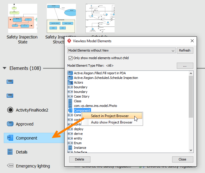 Viewless model element selected in Project Browser