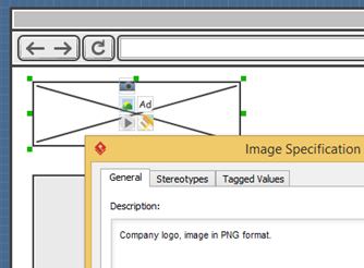 Wireframe elements with description defined in specification dialog