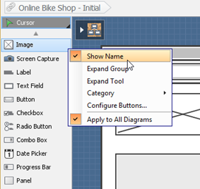 Display the name of wireframe elements in diagram toolbar
