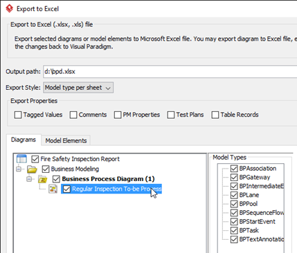 Select the diagram for export to Excel