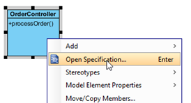 Open specification dialog of the class