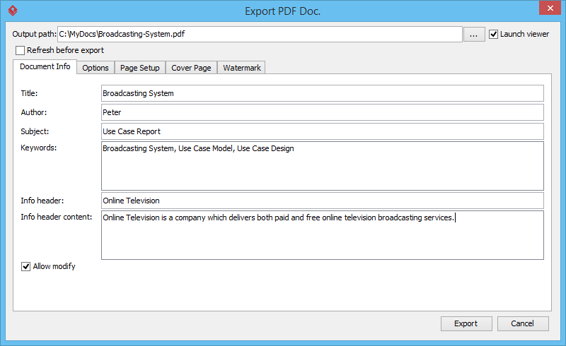 Export PDF doc window