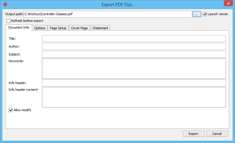 Export PDF Doc window