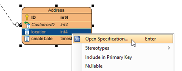Open specification dialog of the column