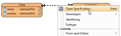 Open specification dialog of the relationship