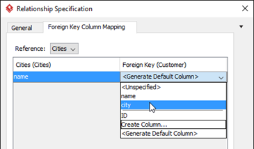Specify the city column as the foreign key