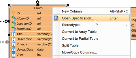 Open entity's specification dialog