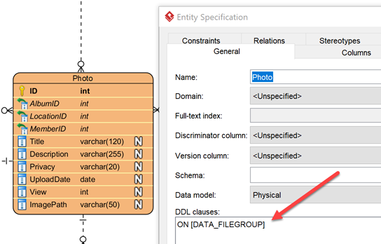 Specify entity's filegroup in DDL Clause property