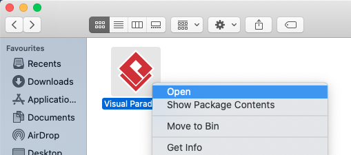Right click on Visual Paradigm.app and select Open from popup menu