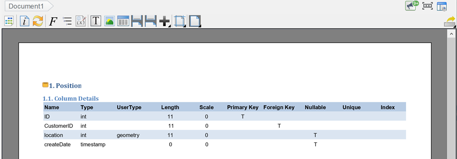 Columns show in table