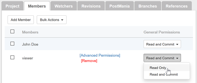 Set the proejcts to read only permissions for viewer user