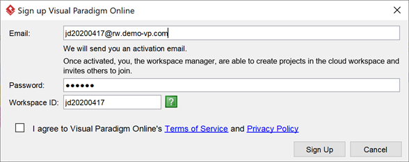 Specify the email address, password and workspace ID