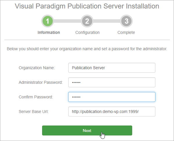 Specify server name and default Admin password