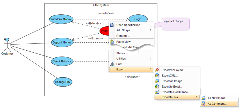 Right click on diagram and export to Jira as comment